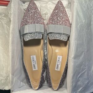 Jimmy Choo Glitter Flats with Bow Accent